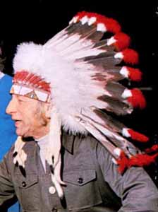 Man wearing a replica feather headdress